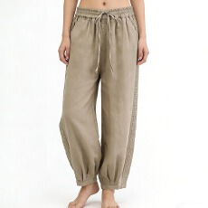 批发春夏季新款纯棉文艺复古休闲裤显瘦棉麻花边拼接九分休闲<b class='q'>哈伦裤</b><b class='q'>女</b>