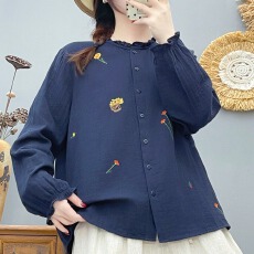 批发森系文艺绣花木耳领<b class='q'>衬衫</b>女长袖柔软亲肤透气宽松全棉双层棉纱上衣