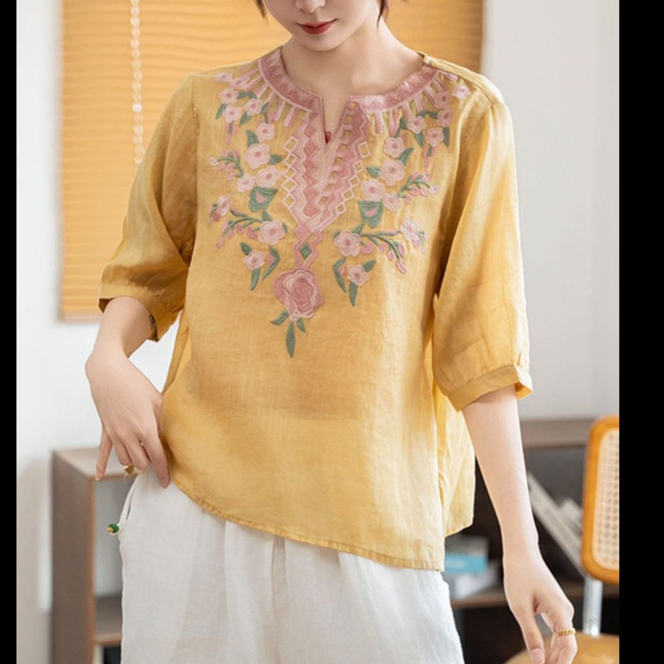 RY2039# 苎麻刺绣衬衫女2026夏季新款剪刀领套头小衫宽松显瘦五分袖...