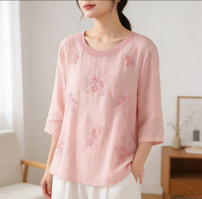 RY2040# 实拍复古刺绣花棉麻中袖T女夏季薄款宽松百搭休闲圆领小衫上衣...