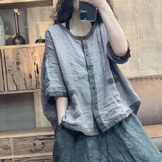 批发复古百搭宽松休闲口袋炒色棉麻圆领<b class='q'>衬衫</b>上衣