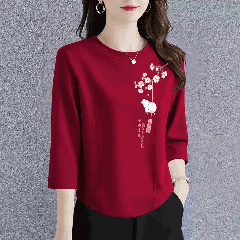 RY2037# 2026夏季拼接七分袖女装韩版宽松大码圆领弧形下摆遮肉百搭...