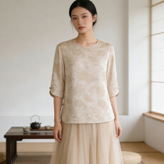 批发高级提花缎面国风盘扣休闲上衣<b class='q'>七分袖</b>衬衣