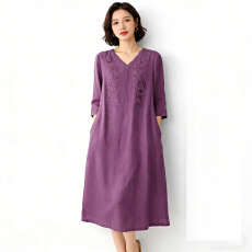 批发轻奢高端刺绣<b class='q'>亚麻</b><b class='q'>连衣裙</b>女2026夏季新款宽松显瘦气质棉麻直筒裙子