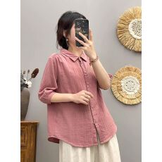 批发双层棉纱短袖衬衫女夏装<b class='q'>外贸出口</b>日单高品质柔软亲肤透气纯色上衣