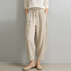 批发纯棉九分裤宽松春夏新款薄款高腰复古盘扣系带松紧腰休闲<b class='q'>哈伦裤</b>女