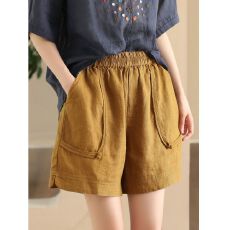批发复古***短<b class='q'>裤</b>文艺<b class='q'>棉麻</b>口袋松紧腰大腰阔休闲阔腿<b class='q'>裤</b><b class='q'>显</b>直筒筒<b class='q'>裤</b>百搭