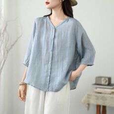 批发夏季新款百搭宽松显瘦纽扣女文艺复古简约风中袖短袖棉麻<b class='q'>衬衫</b>开衫