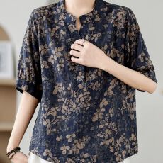 批发夏季刺绣苎麻宽松套头<b class='q'>衬衫</b>圆领五分袖复古休闲透气衫