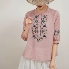 批发文艺灯笼袖刺绣棉麻衬衫<b class='q'>女</b>夏2026<b class='q'>新款</b>宽松休闲显瘦立领