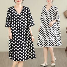 批发实拍 棉麻大码波点<b class='q'>连衣裙</b>夏季新款宽松休闲慵懒<b class='q'>蝙蝠</b>袖过膝印花裙