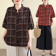批发实拍 棉麻大码格子衬衫夏季新款复古宽松显瘦百搭v领<b class='q'>立领</b>短袖衬衣