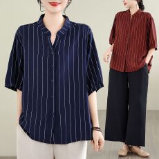 批发实拍 棉麻大码条纹<b class='q'>衬衫</b>夏季新款复古v领宽松显瘦遮肉百搭休闲<b class='q'>上衣</b>