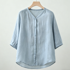 批发实拍夏季百搭宽松显瘦纽扣女文艺复古简约风中袖短袖棉麻衬衫开衫