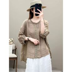 批发文艺复古气质棉麻短袖上衣夏季新款百搭宽松休闲设计感刺绣T恤女