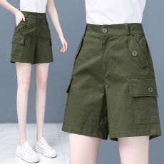 批发纯棉五分短裤女夏季新<b class='q'>高腰</b>a字休闲口袋阔腿工装裤