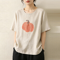 批发文艺减龄印花棉麻短袖T恤女夏宽松显瘦圆领套头小衫