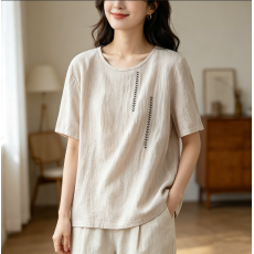 批发实拍 文艺短袖女刺绣棉麻圆领夏季新款宽松大码百搭T恤套头上衣女