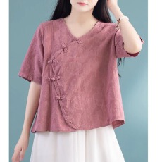 批发棉麻斜襟中式衬衫盘扣短袖<b class='q'>亚麻</b>中国文艺复古宽松上衣夏季