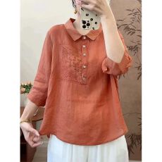 批发文艺刺绣七分袖衬衫女夏季<b class='q'>妈妈装</b>新款<b class='q'>上衣</b>气质百搭减龄翻领衬衣女
