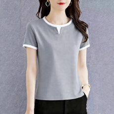 批发纯棉短袖女显瘦撞色夏季新款圆领T恤<b class='q'>妈妈装</b>宽松潮流上衣