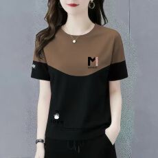 批发纯棉短袖女显瘦撞色夏季新款圆领T恤<b class='q'>妈妈装</b>宽松潮流上衣
