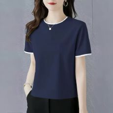批发纯棉短袖女显瘦撞色夏季新款圆领T恤<b class='q'>妈妈装</b>宽松潮流上衣