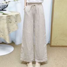 批发复古国风棉麻衬衫女中式立领撞色盘扣喇叭袖上衣绣花茶服夏季女装