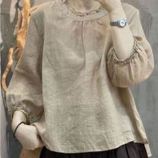 批发日式<b class='q'>森女</b>系棉麻木耳边<b class='q'>衬衫</b>女夏季宽松显瘦复古灯笼袖亚麻T恤上衣