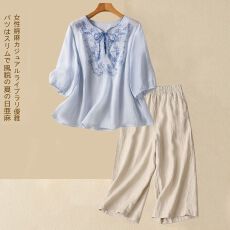 批发套装#<b class='q'>中老年</b>妈妈夏装棉麻套装女刺绣短袖衬衫宽松直筒裤两件套