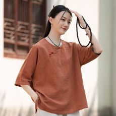 批发夏季短袖衬衫棉麻盘扣上衣女复古中式宽松斜襟禅意茶服<b class='q'>妈妈装</b>T恤
