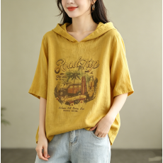 批发实拍洋气时尚棉麻夏季韩版休闲百搭连帽印花<b class='q'>T</b><b class='q'>恤</b>女五分<b class='q'>袖</b><b class='q'>恤</b>上衣