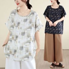 批发<b class='q'>实拍</b> 棉麻胖MM<b class='q'>大码</b><b class='q'>女装</b>短袖T恤女夏季新款宽松显瘦妈妈装印<b class='q'>花上</b>衣
