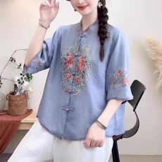 批发新款复古民族风重工刺绣棉麻<b class='q'>衬衫</b>女夏季新中式款国风茶服<b class='q'>上衣</b>