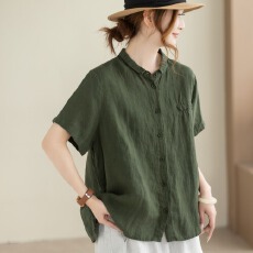 批发文艺复古亚麻短袖<b class='q'>衬衫</b>女夏季女装宽松立领棉麻<b class='q'>衬衣</b>大码开衫上衣女