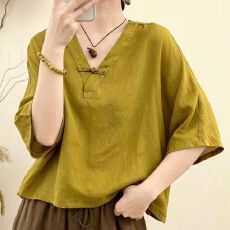 批发新中式盘扣<b class='q'>婴儿</b>棉上衣女早秋季V领七分袖宽松短款禅意茶服大码