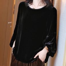批发高端丝绒<b class='q'>上衣</b>女2026年秋季新款圆领灯笼袖金丝绒<b class='q'>上衣</b>宽松遮肚子