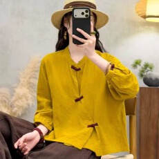 批发民族风时尚休闲斜襟盘扣衬衫女棉纱薄款复古新中式<b class='q'>春</b>秋长袖小衫女