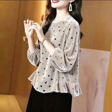 批发新中式轻奢印花丝绒上衣女九分袖宽松显瘦百搭圆领套头衫2026秋季