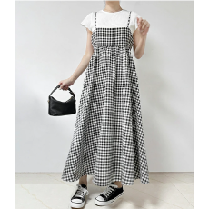 批发韩国新款格纹背后系带可以调节大摆吊带<b class='q'>连衣裙</b>