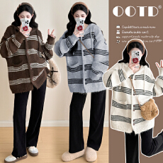 批发实拍孕妇秋冬大版型时尚长袖条纹外套宽松遮肚孕妇上衣两件套