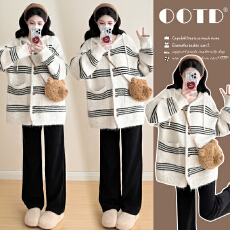 批发实拍孕妇秋冬大版型时尚长袖条纹外套宽松遮肚孕妇上衣两件套