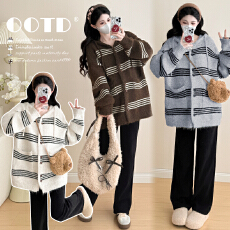 批发实拍孕妇秋冬大版型时尚长袖条纹外套宽松遮肚孕妇上衣两件套