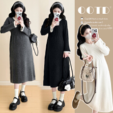 批发实拍~新款孕妇毛衣秋冬针织时尚花边拼接连衣裙宽松加厚打底裙