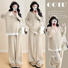 批发2025秋冬慵懒风时尚洋气显瘦套装针织毛衣阔腿裤子孕妇秋冬两件套