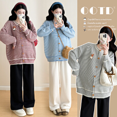 批发实拍~孕妇装韩系复古条纹针织开衫秋冬款百搭减龄上衣毛衣+阔腿裤