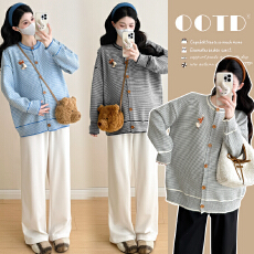 批发实拍~孕妇装韩系复古条纹针织开衫秋冬款百搭减龄上衣毛衣+阔腿裤