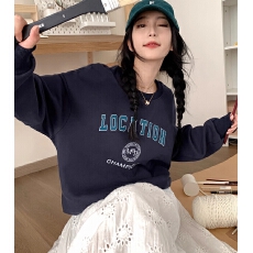 批发<b class='q'>韩版</b>薄款 加绒印花套头卫衣女慵懒风长袖上衣外套