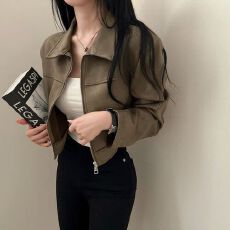 批发<b class='q'>韩国</b>chic秋季复古帅气翻领拉链式宽松百搭长袖皮绒短款夹克外套女