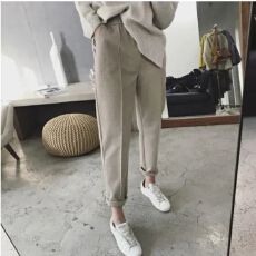 批发燕麦色秋冬毛呢裤<b class='q'>哈伦裤</b><b class='q'>女</b>小脚萝卜裤大码九分